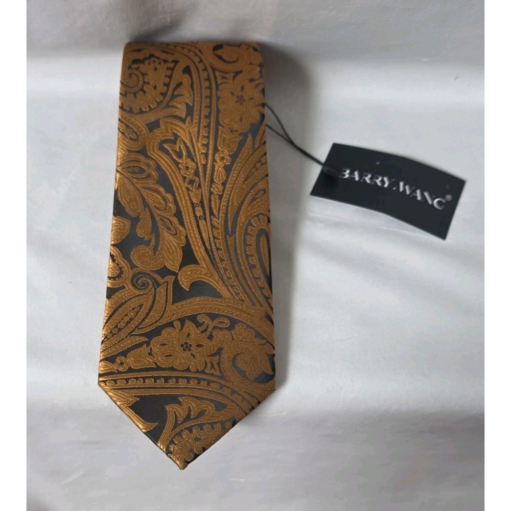 Barry.Wang Men's Gold & Black Paisley Woven 100% Silk Necktie Pointed Style